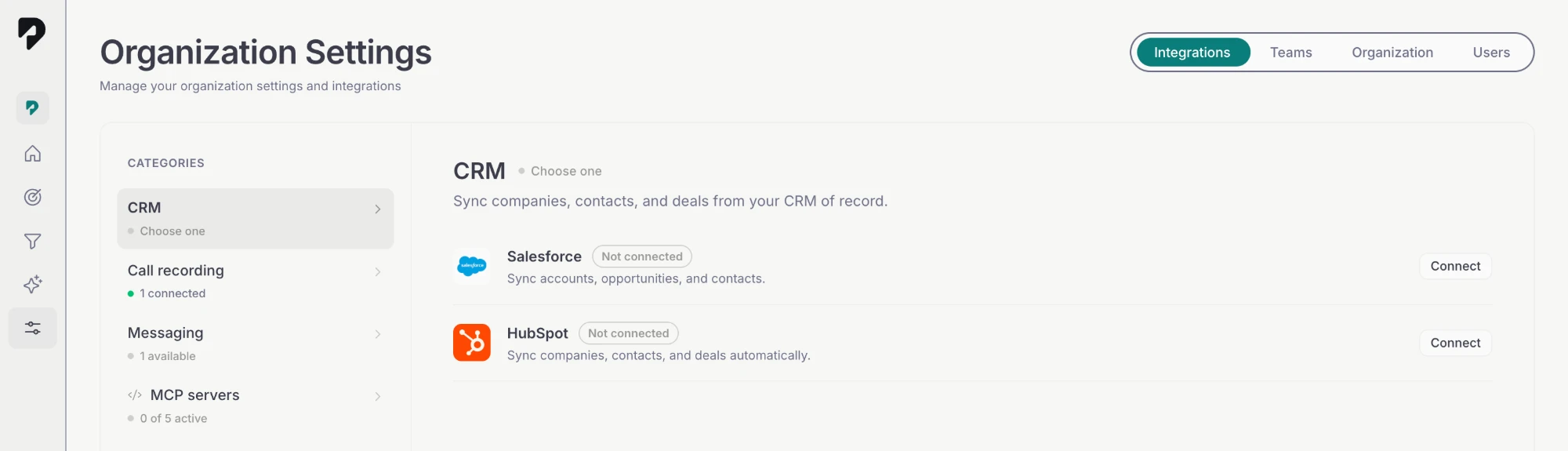 Pace Organization Settings, Integrations tab: the CRM category lists Salesforce and HubSpot, both marked Not connected, each with a Connect button