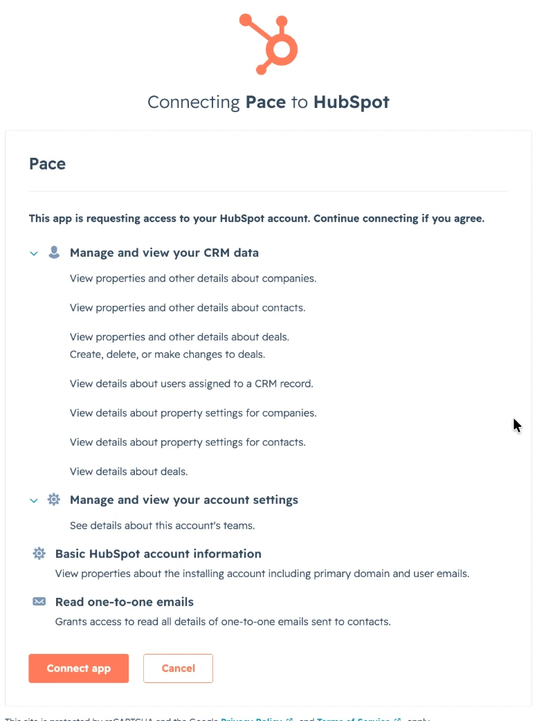 HubSpot's consent screen headed "Connecting Pace to HubSpot", listing the requested access grouped under Manage and view your CRM data, Manage and view your account settings, Basic HubSpot account information, and Read one-to-one emails