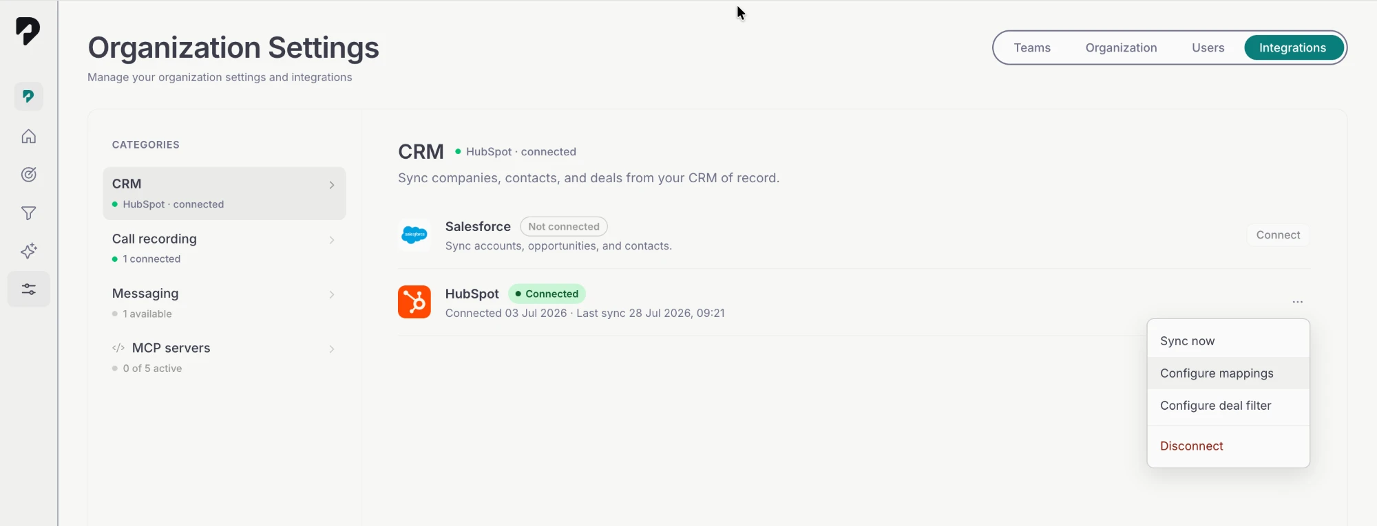The HubSpot row in Pace showing a green Connected badge with its connected and last sync dates, and the ⋯ menu open on Sync now, Configure mappings, Configure deal filter and Disconnect
