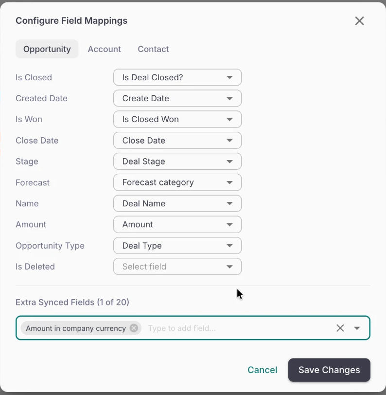The Configure Field Mappings dialog on the Opportunity tab, pairing Pace fields such as Close Date, Stage, Forecast and Amount with HubSpot properties, above an Extra Synced Fields picker reading 1 of 20