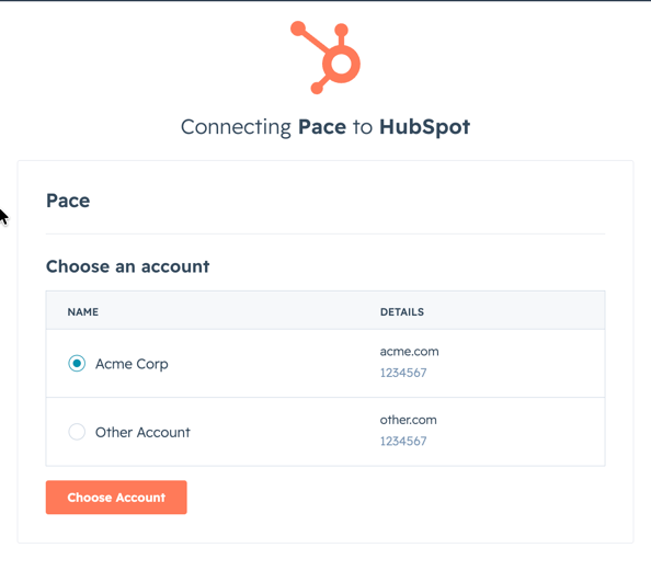 HubSpot's account picker headed "Connecting Pace to HubSpot", listing the accounts you administer by name, domain and hub ID with a radio button each, above a Choose Account button