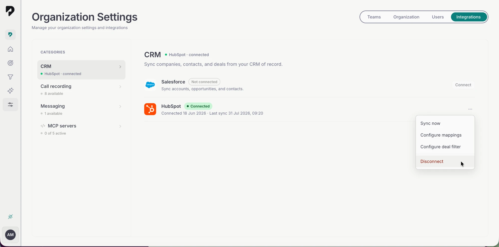 The connected HubSpot row in Pace with its ··· menu open on Sync now, Configure mappings, Configure deal filter and Disconnect, with the cursor over the red Disconnect item