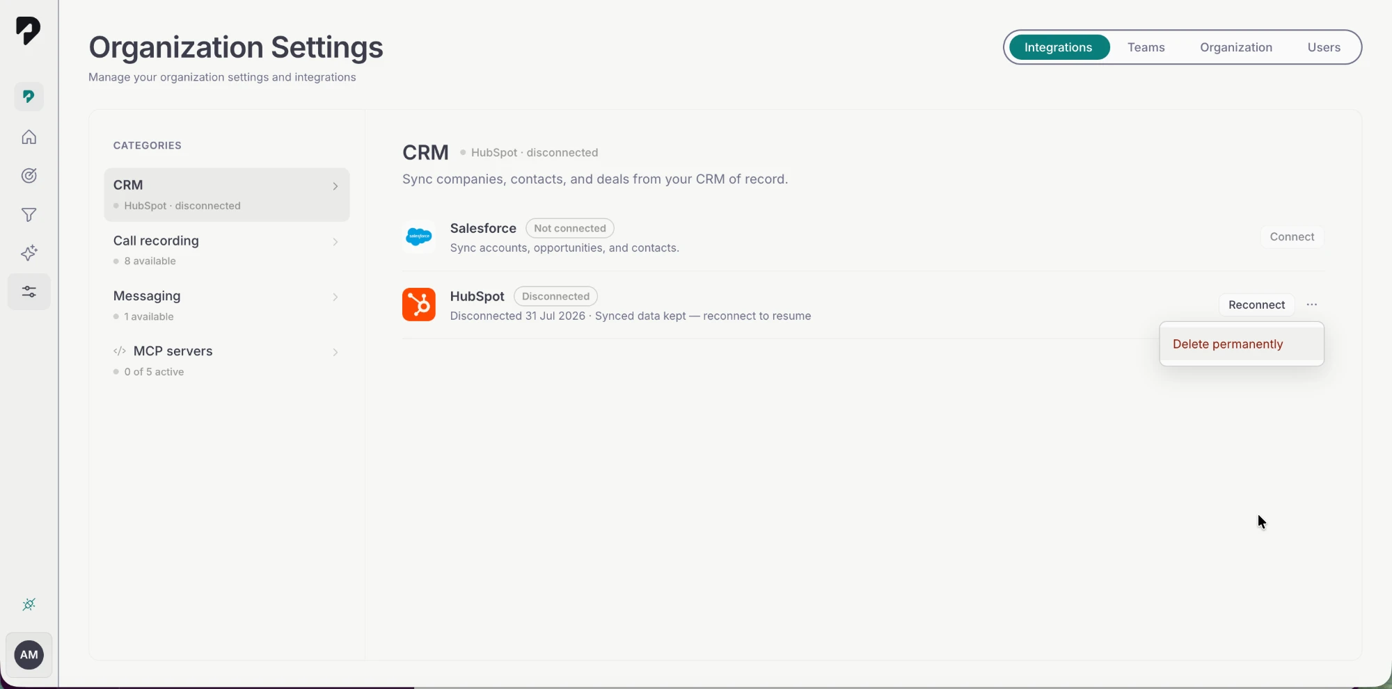 The HubSpot row after disconnecting, showing a grey Disconnected badge and the caption "Disconnected 31 Jul 2026 · Synced data kept — reconnect to resume", a Reconnect button, and the ··· menu open on a single red Delete permanently item