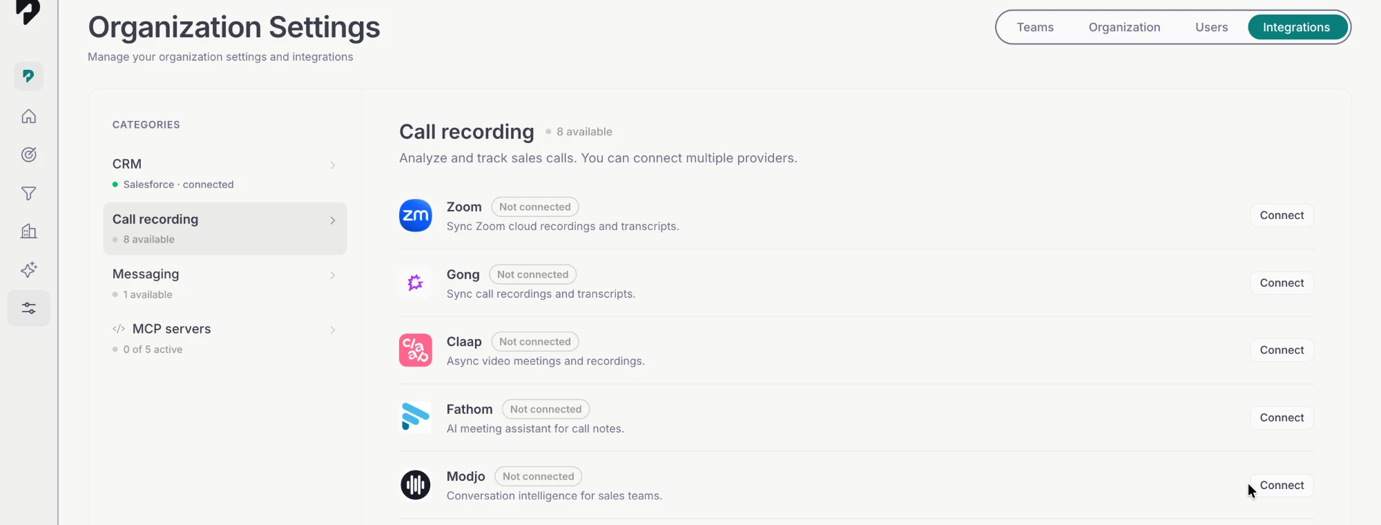 Pace Organization Settings, Integrations tab: the Call recording category, headed 8 available, lists the call-recording providers — Zoom at the top, then Gong, Claap, Fathom and Modjo — each marked Not connected with a Connect button