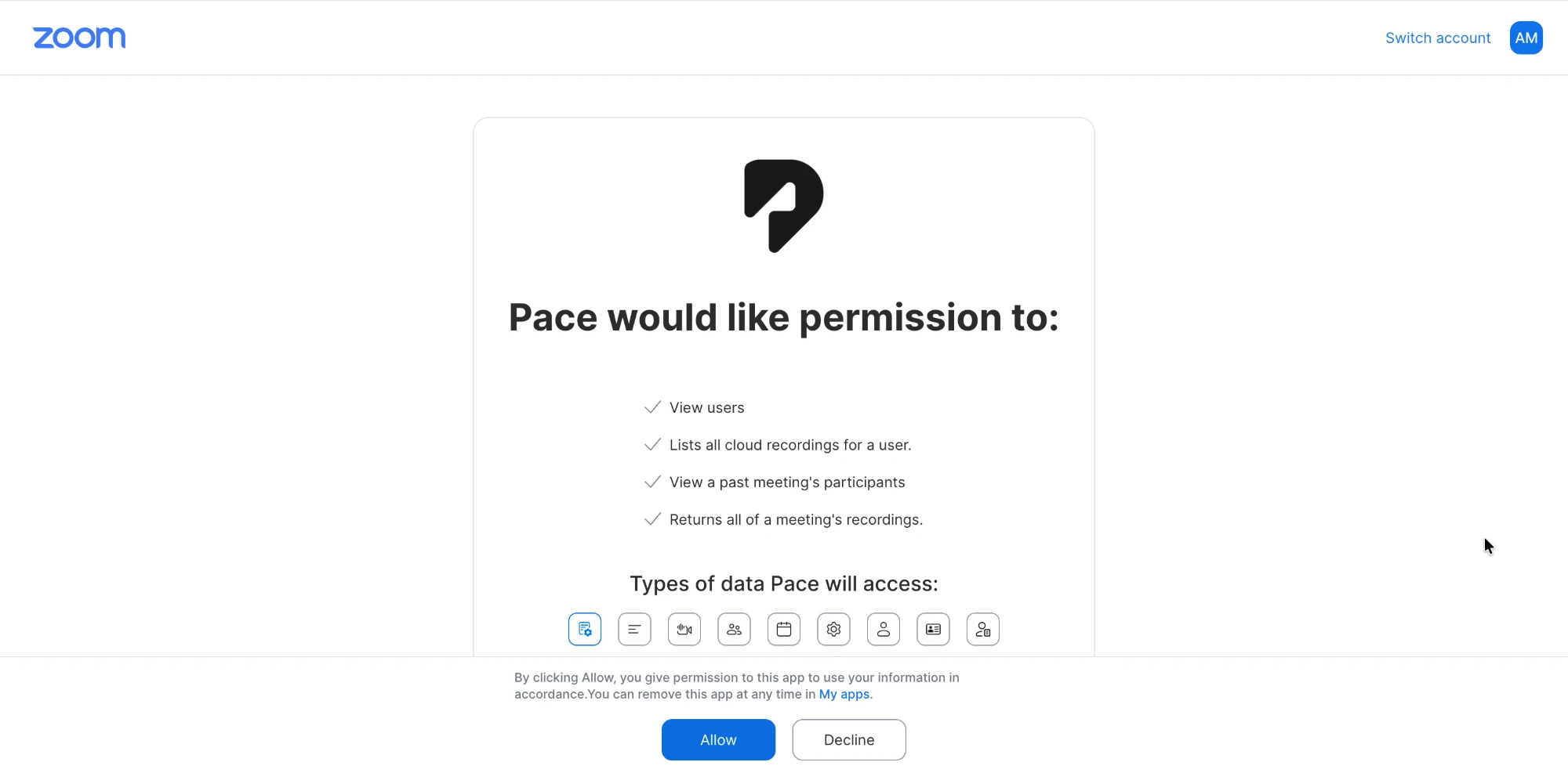 Zoom's consent screen headed "Pace would like permission to:" listing four checked permissions — View users; Lists all cloud recordings for a user; View a past meeting's participants; Returns all of a meeting's recordings — above an Allow and a Decline button